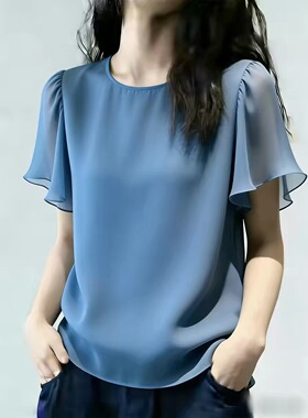 知性优雅风蓝色微透短袖上衣女2026年夏季新款设计感百搭气质小衫