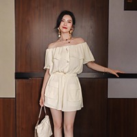 名媛風(fēng)米白色一字肩兩穿連體褲女