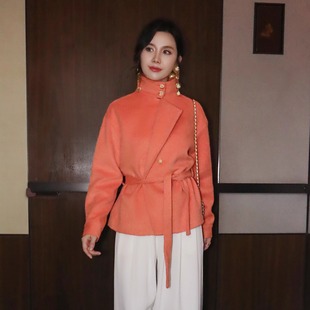 轻熟简约风橘色短绒立领系带收腰高级感显瘦短款羊毛毛呢外套女