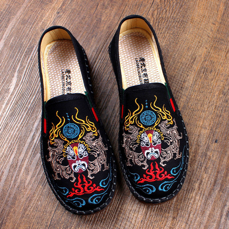 春季新款老北京布鞋男高档刺绣透气软底一脚蹬耐磨防滑手工牛筋底
