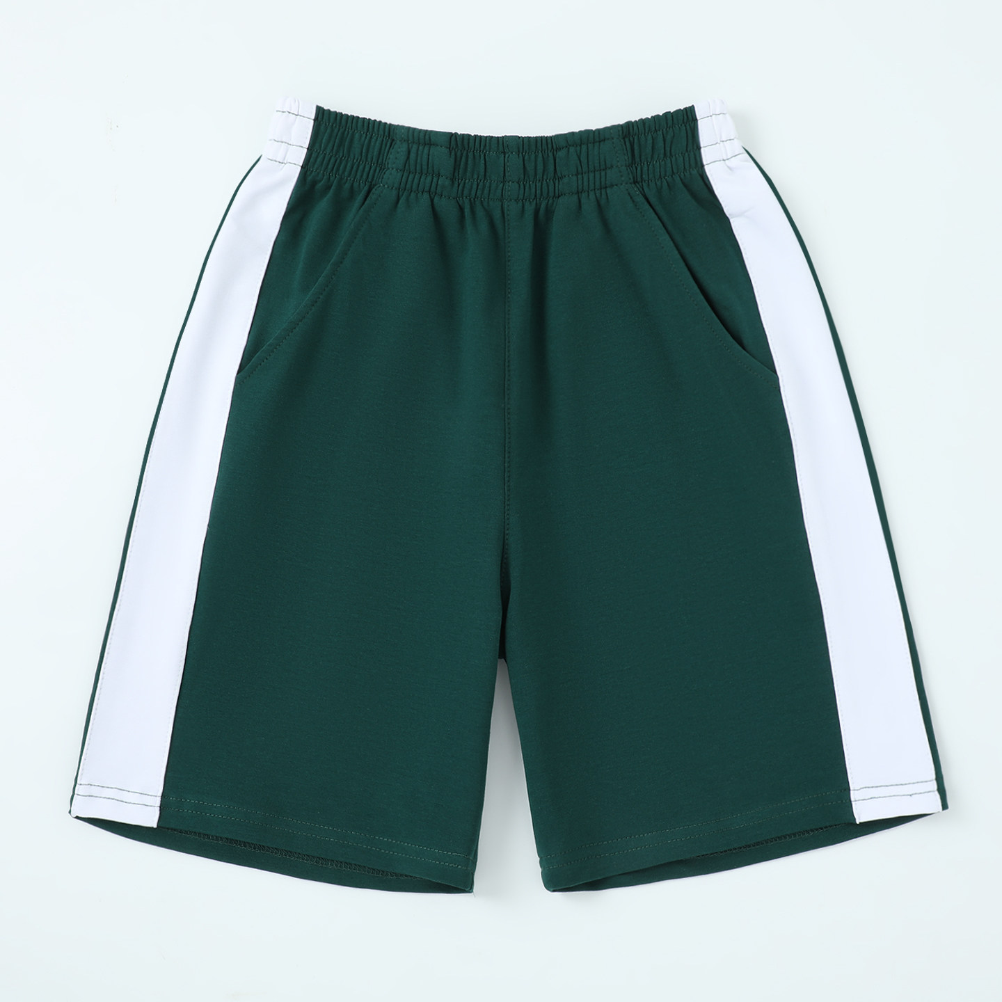 墨绿色校服短裤男女学生白边条纹运动五分裤中小学生绿色白杠裤子