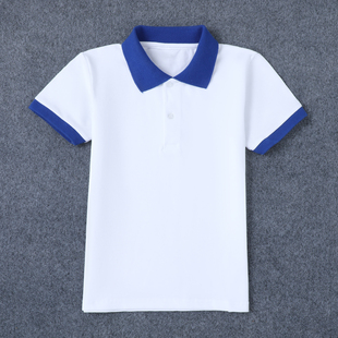 儿童夏装短袖白色T恤男女童白衣蓝领POLO衫学院中小学生校服上衣