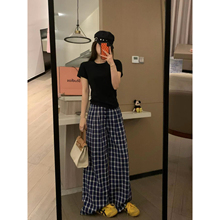 VASSE韩系慵懒感 露思同款肌理感格纹高腰显瘦小个子阔腿裤休闲裤