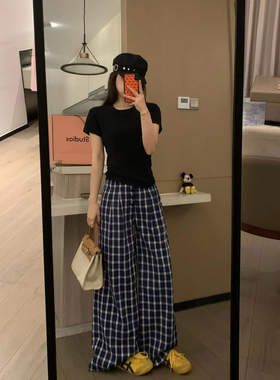 VASSE韩系慵懒感 露思同款肌理感格纹高腰显瘦小个子阔腿裤休闲裤