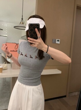 VASSE Jennie少女感 小狗印花百搭显瘦灰色圆领套头正肩短袖T恤