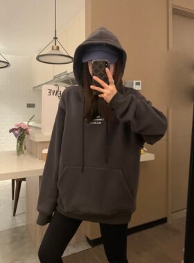 深灰色连帽加绒百搭韩系套头卫衣