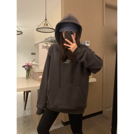 VASSE 慵懒舒适感 质感深灰色连帽加绒百搭韩系套头oversize卫衣