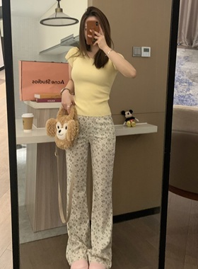 VASSE Rose 韩系少女感棉麻印花微喇显瘦白色小个子休闲喇叭裤夏