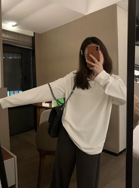 VASSE 云朵磨绒 双面磨毛加厚百搭基础款圆领套头白色长袖T恤打底