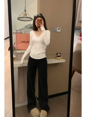 VASSE 超绝黑牛 窄窄小直筒中腰显瘦百搭黑色阔腿休闲韩版牛仔裤