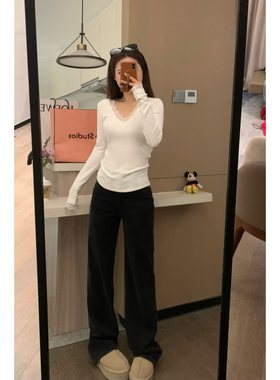 超绝黑牛窄窄直筒中腰黑色牛仔裤