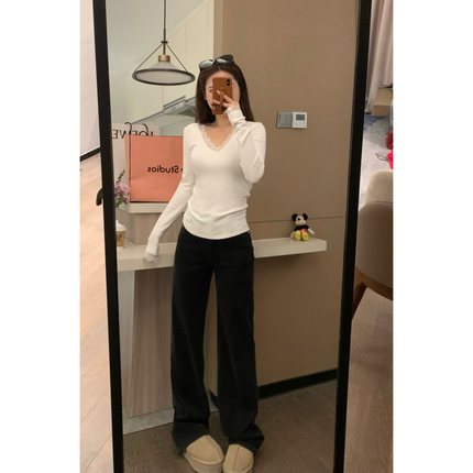 VASSE 超绝黑牛 窄窄小直筒中腰显瘦百搭黑色阔腿休闲韩版牛仔裤