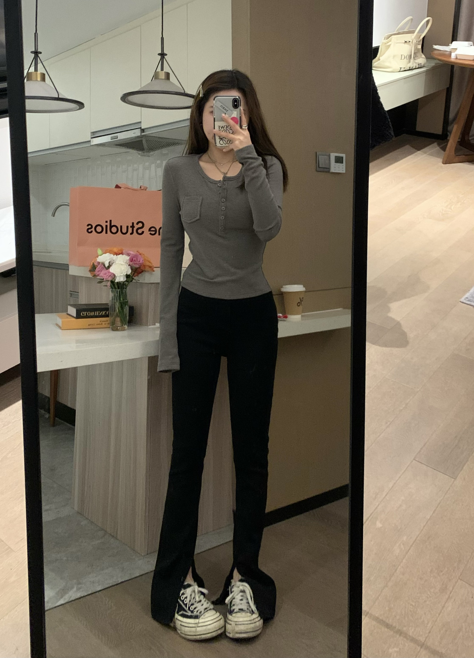 微喇高腰加绒弹力开叉牛仔裤