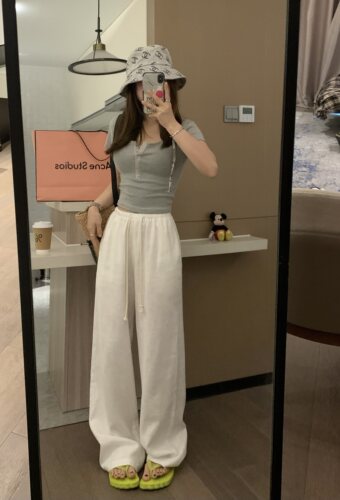 显瘦松弛慵懒百搭亚麻白色休闲裤