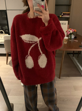 VASSE松弛樱桃提花 软糯蓬松加厚灰色宽松显瘦新年战衣红色毛衣女