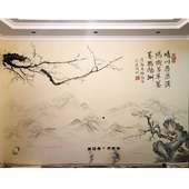 成都墙绘国画淡雅山水电视背景手绘墙壁画客厅餐厅卧室沙发墙彩绘