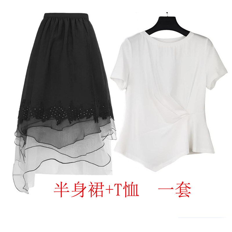 女棉短袖T恤法式仙女半身裙套装