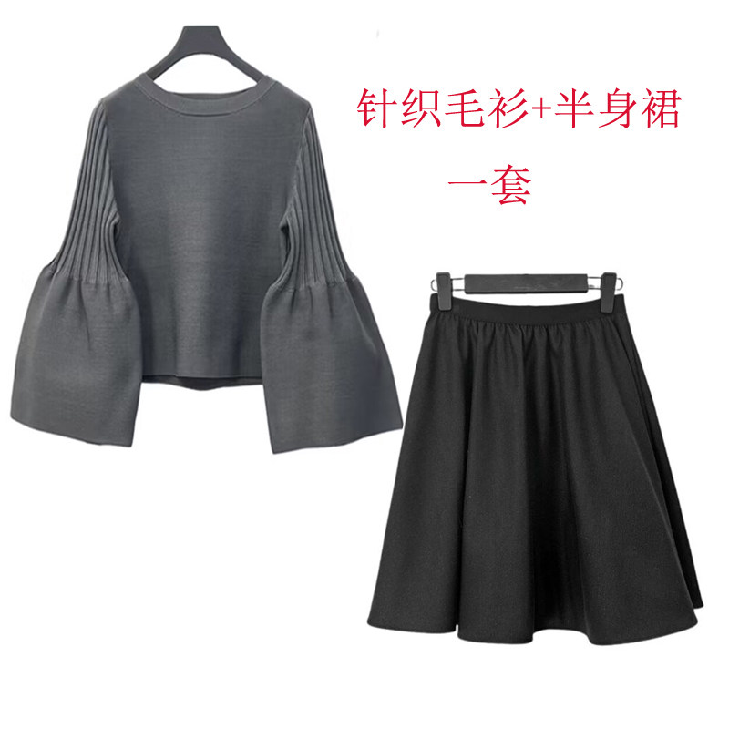 灯笼袖针织毛衣松紧腰半身裙套装