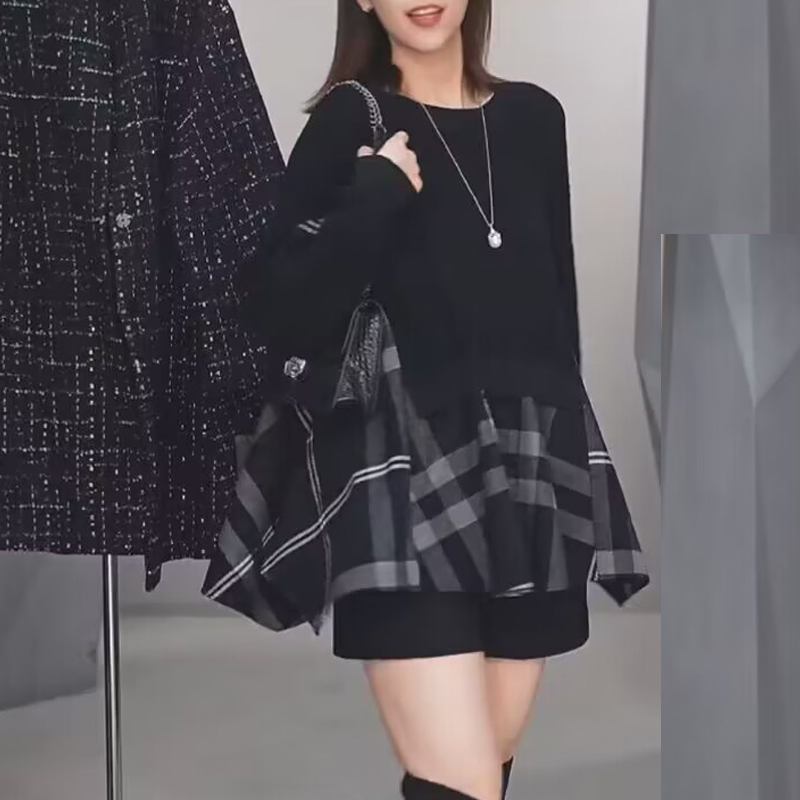 圆领针织衫宽松显廋格纹拼接毛衣