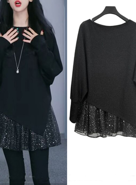 2025秋冬新款女装S·D蕾丝拼接长袖针织毛衫百搭黑色蝙蝠袖上衣
