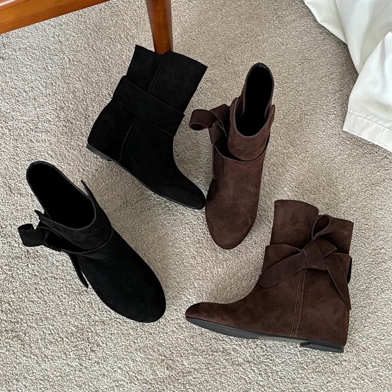配呢大衣巨美~蝴蝶结内增高牛反绒面2025中跟圆头真皮套筒短靴女