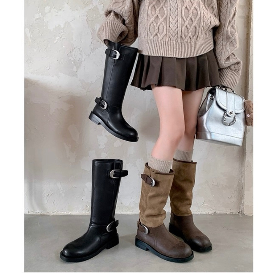 牛皮版扣带机车靴子长筒靴女粗跟圆头拼接西部靴褶皱堆堆靴骑士靴