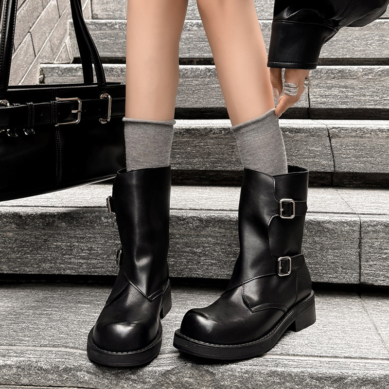 小众设计感皮带扣牛皮网红裤管靴2025秋冬粗跟中跟圆头真皮短靴女