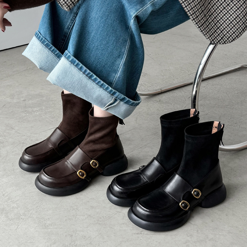 配裙子头层牛皮绒面拼接玛丽珍瘦瘦靴2025厚底中跟圆头弹力短靴女