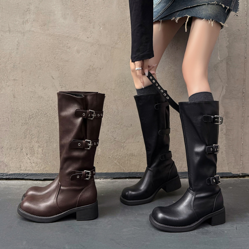 粗腿救星45cm大筒围可调皮带扣胖MM骑士靴2025粗中跟加宽高筒长靴