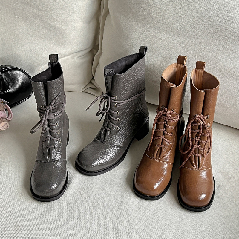 大象纹牛皮复古简约马丁靴2025秋冬粗中跟圆头系带宽松中筒靴子女