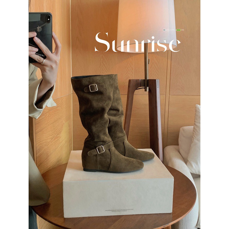 牛皮版~葡萄ma同款内增高5cm骑士靴女皮带扣显瘦褶皱堆堆西部靴子