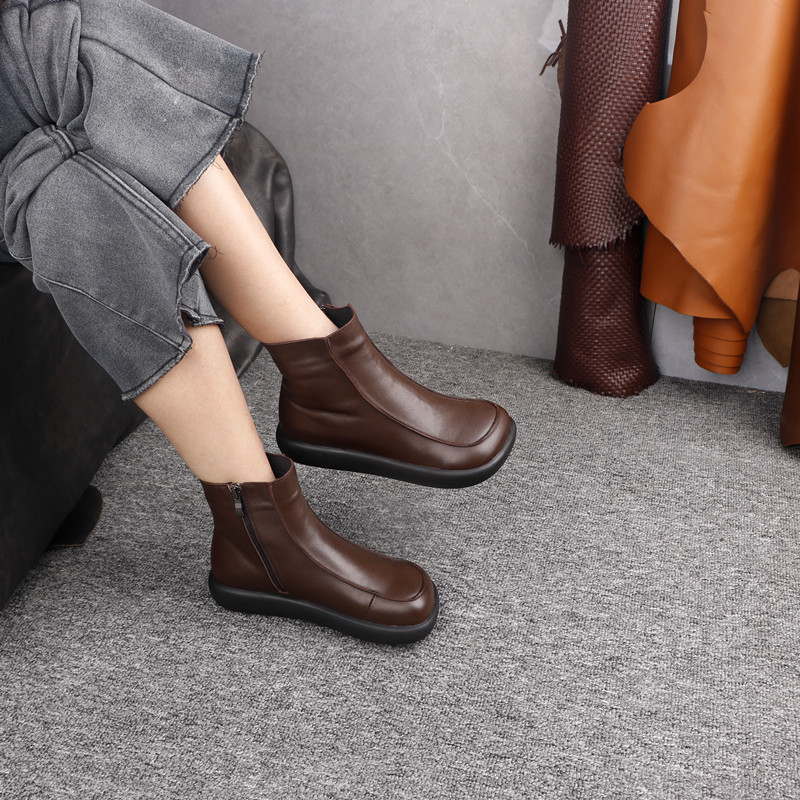 头层牛皮真皮女鞋皮靴厚底秋冬新款复古毛里百搭防滑短靴可跨境