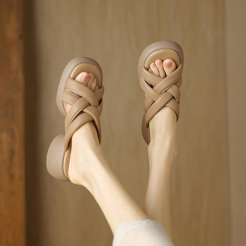 原创高跟手工真皮凉鞋拖女外穿粗跟新款一字带凉拖女松糕厚底半拖