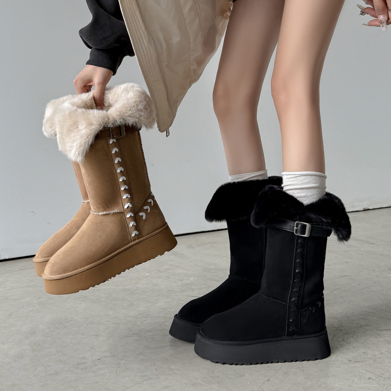 两穿拼色皮带扣雪地靴2025厚底中跟绒面保暖加厚毛毛中筒靴子女42