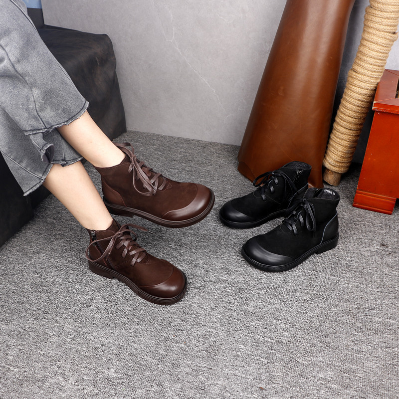 头层牛皮女鞋皮靴前系带圆头真皮复古白搭不累脚秋冬新款可跨境