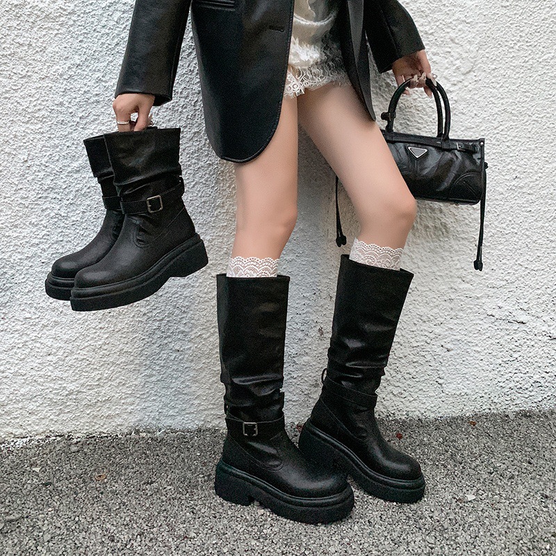 两种筒高增高厚底堆堆骑士靴2025圆头粗中跟皮带扣牛皮高筒长靴女