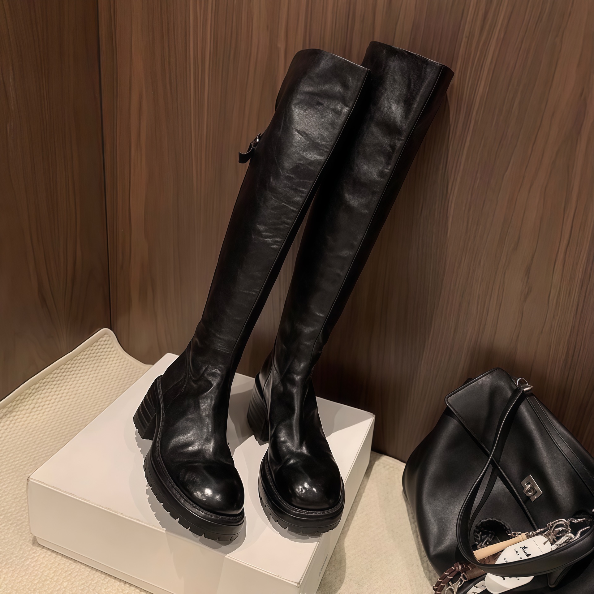 水洗牛皮~葡萄ma同款真皮骑士靴女粗跟高筒瘦瘦靴子过膝靴长筒靴