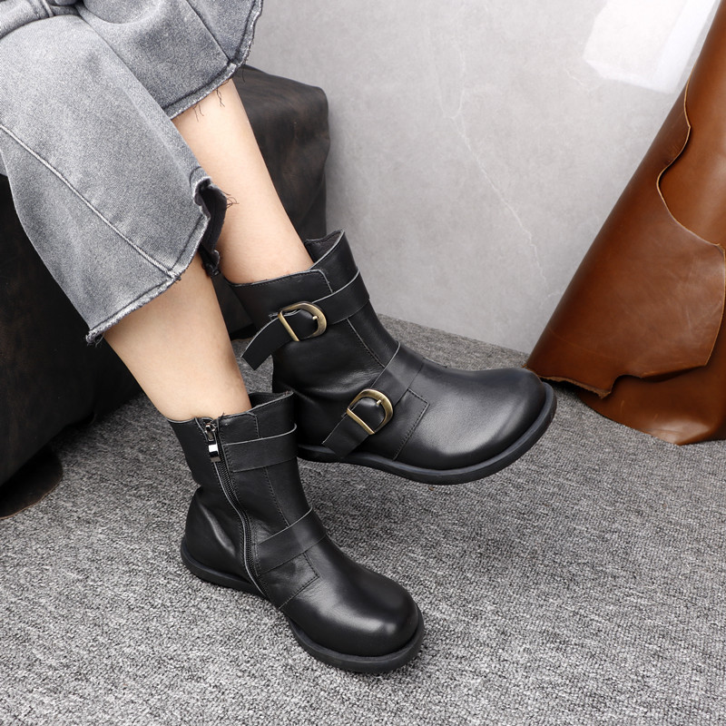 头层牛皮真皮女鞋高端秋冬新款中筒英伦风百搭软皮简约皮靴可跨境