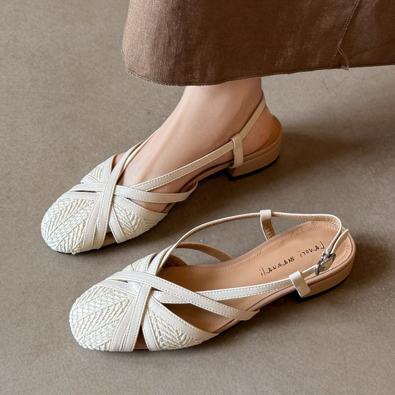 度假风编织牛皮拼接镂空透气2025夏粗低跟圆头真皮包头后空凉鞋女