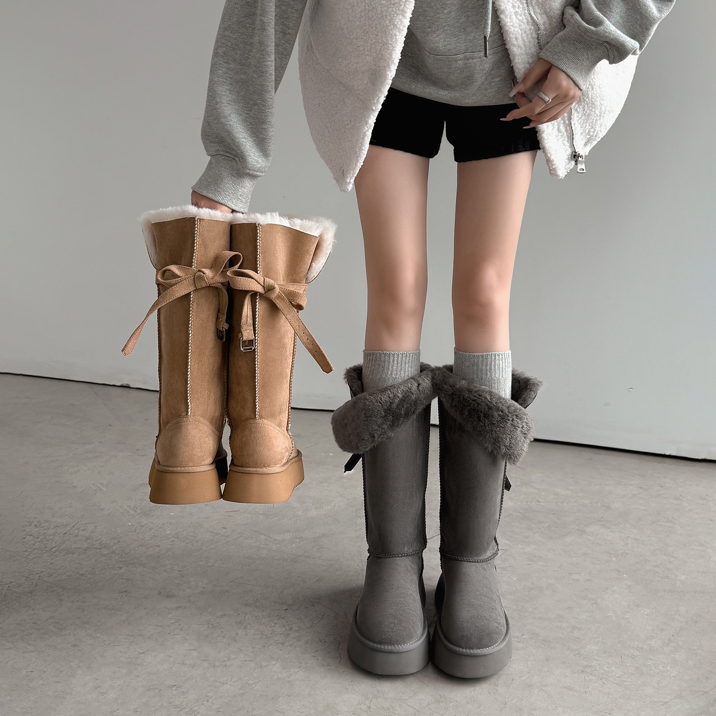 超美蝴蝶结加厚保暖高筒雪地靴2025厚底中筒绒面毛毛长靴女42大码