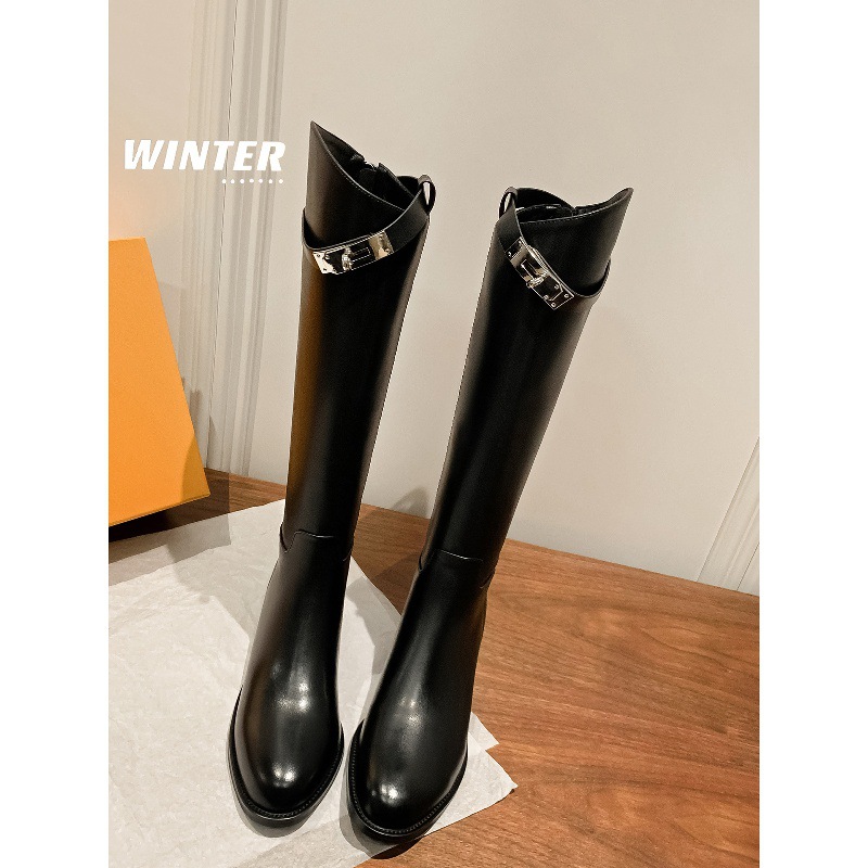 牛皮~长靴女不过膝靴子真皮长筒靴女英伦风皮带扣高筒显瘦骑士靴