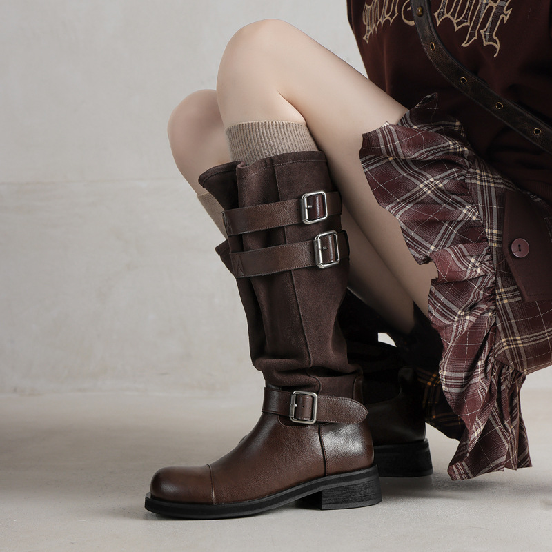 英伦风可调皮带扣牛皮绒面拼接骑士靴2025秋冬粗中圆头高筒长靴女
