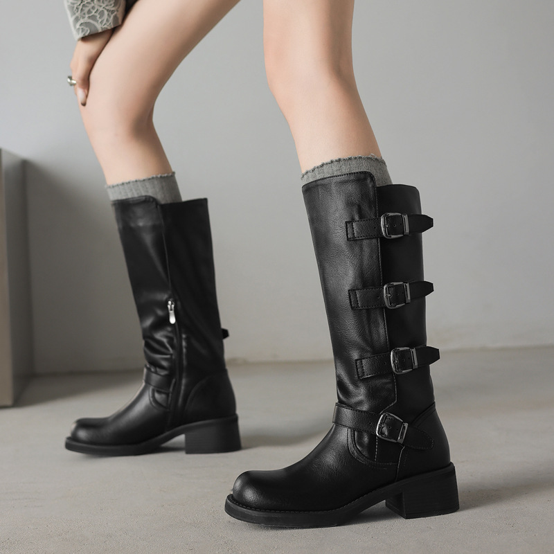 超酷皮带扣机车朋克风牛皮骑士靴2025冬粗中跟圆头真皮高筒长靴女