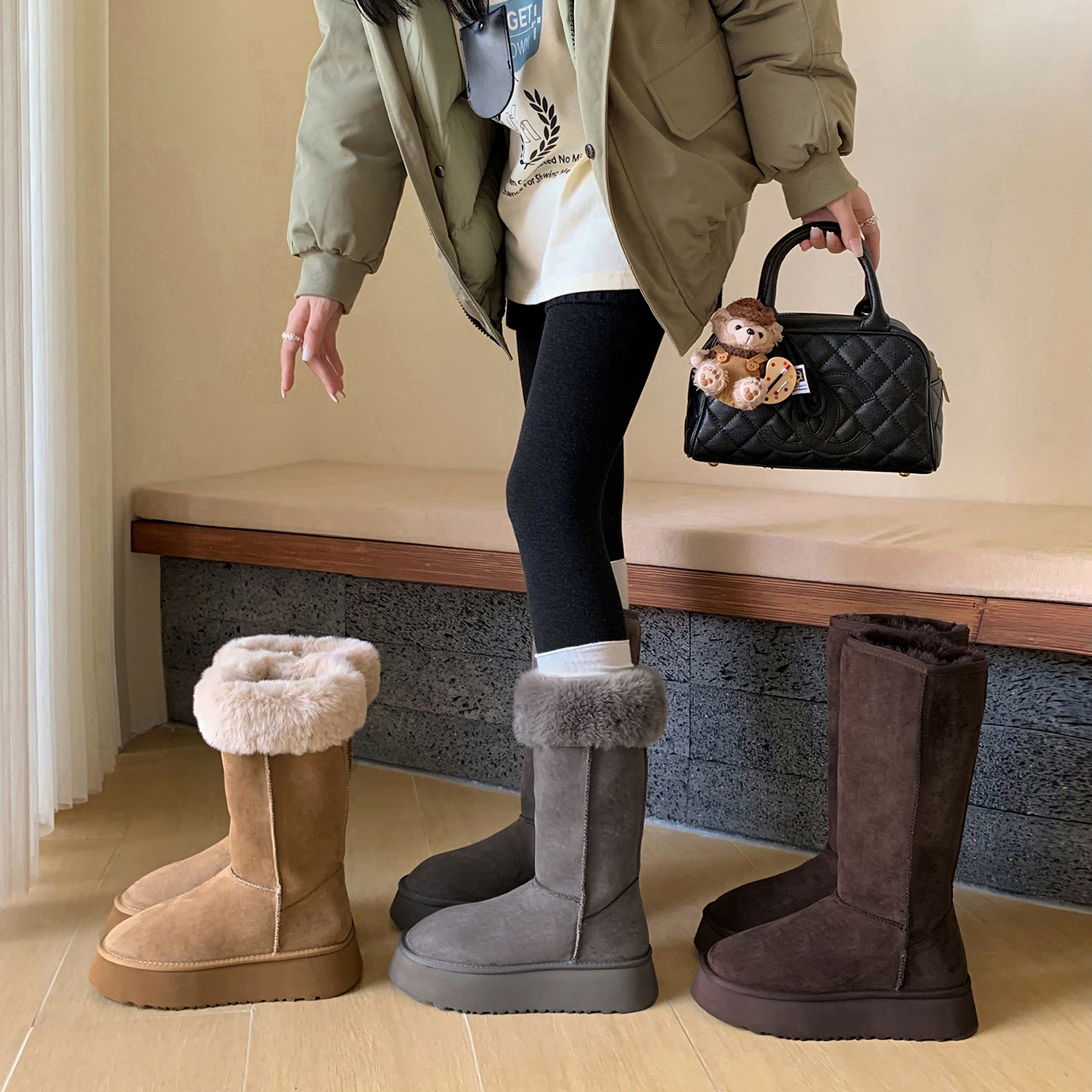 东北防寒加厚毛毛雪地靴2025冬厚底中跟绒面保暖中筒靴子女42大码