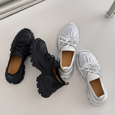 高颜值设计感蝴蝶结老爹鞋2025秋高跟牛皮拼接真皮休闲运动单鞋女
