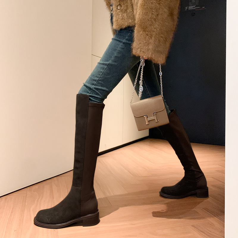 筷子腿~牛反绒面拼接及膝靴2025粗中跟圆头小筒围包腿高筒长靴女