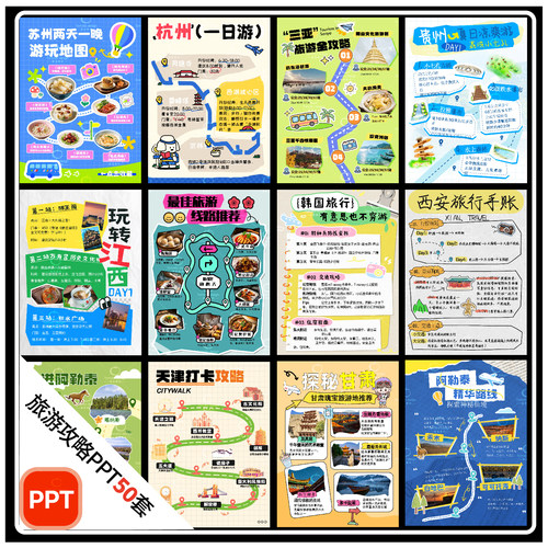 H48-旅游攻略海报PPT全国异国大全旅行美食打卡路线小红书WPS模板