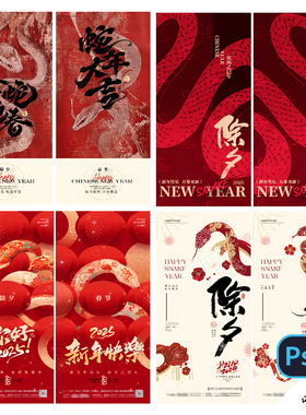 B438-蛇年春节除夕系列海报2025新年三十初一俗传统节日PSD模版