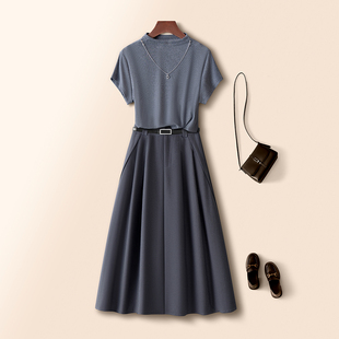 小立领针织短袖T恤设计感西装大摆伞裙女春夏季2026新款时尚套装