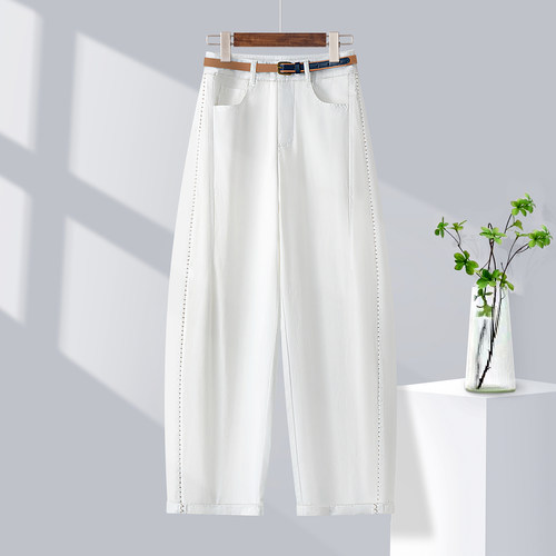 白色纯棉遮肉显瘦镰刀裤女夏季2025薄款胖mm大码天丝牛仔香蕉裤子